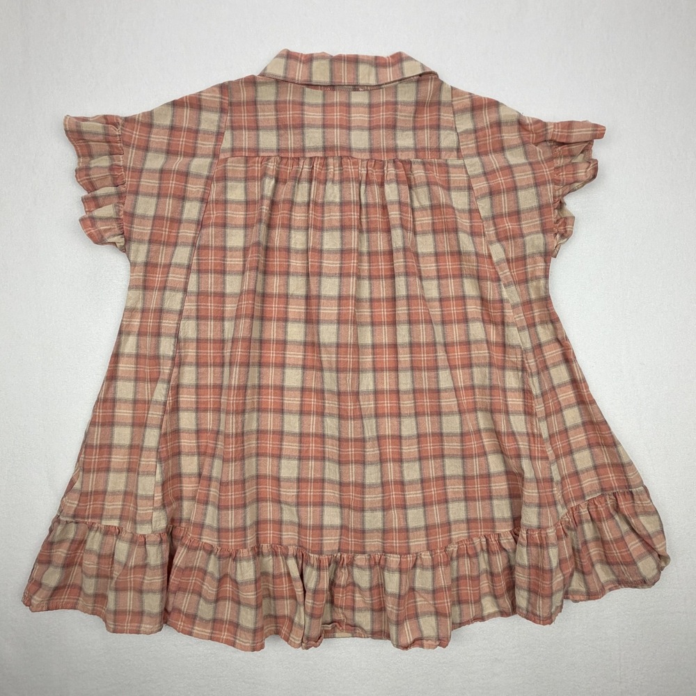 Easel Los Angeles Plaid Ruffle Cotton Babydoll Button Up Mini Dress Terracotta S - Picture 2 of 6